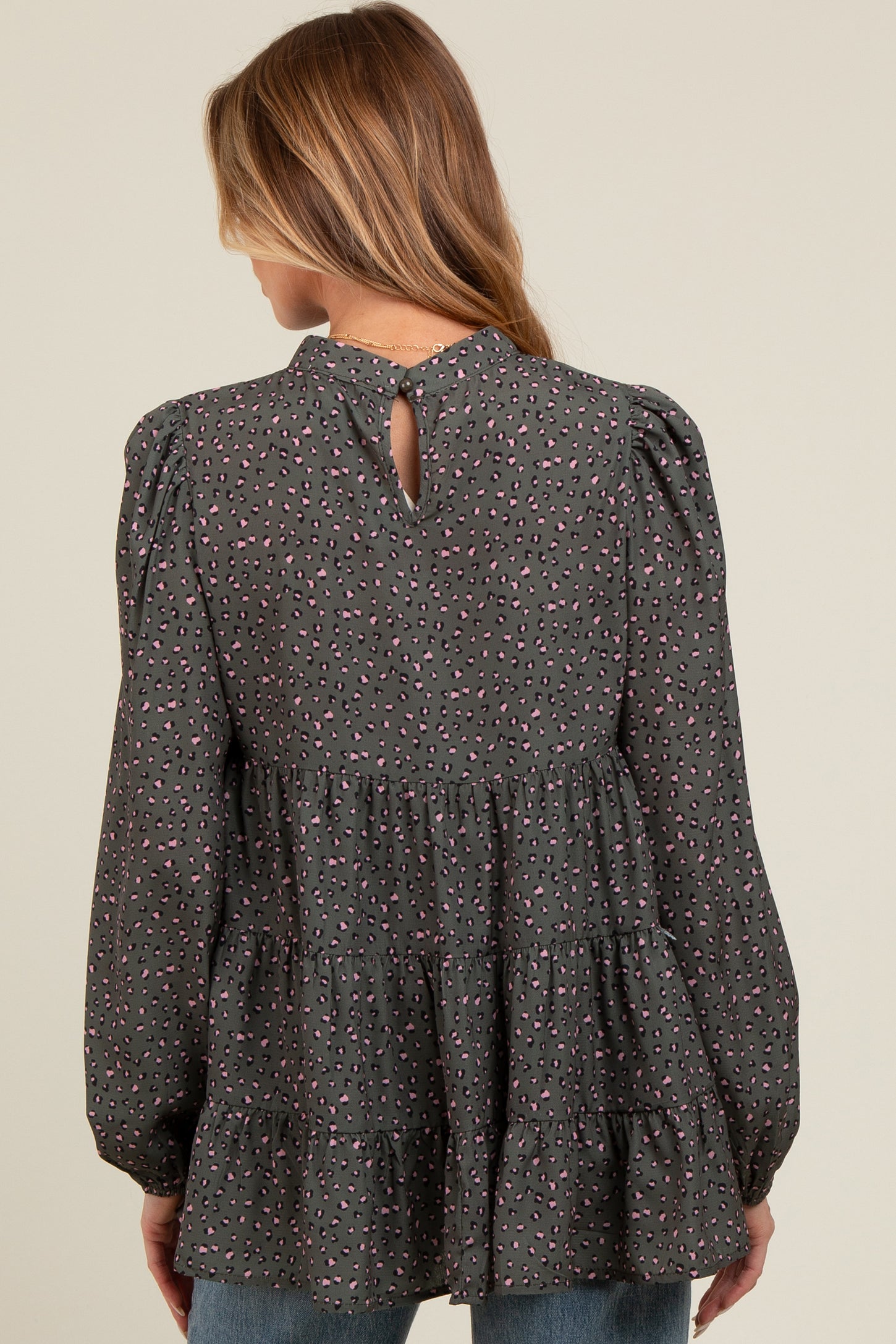 Olive Animal Print Mock Neck Tiered Maternity Top