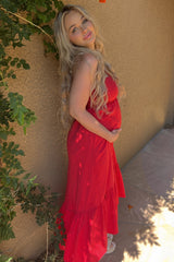 Red Halter Neck High-Low Hem Maternity Dress