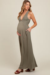 Olive Deep V-Neck Cross Back Maternity Maxi Dress