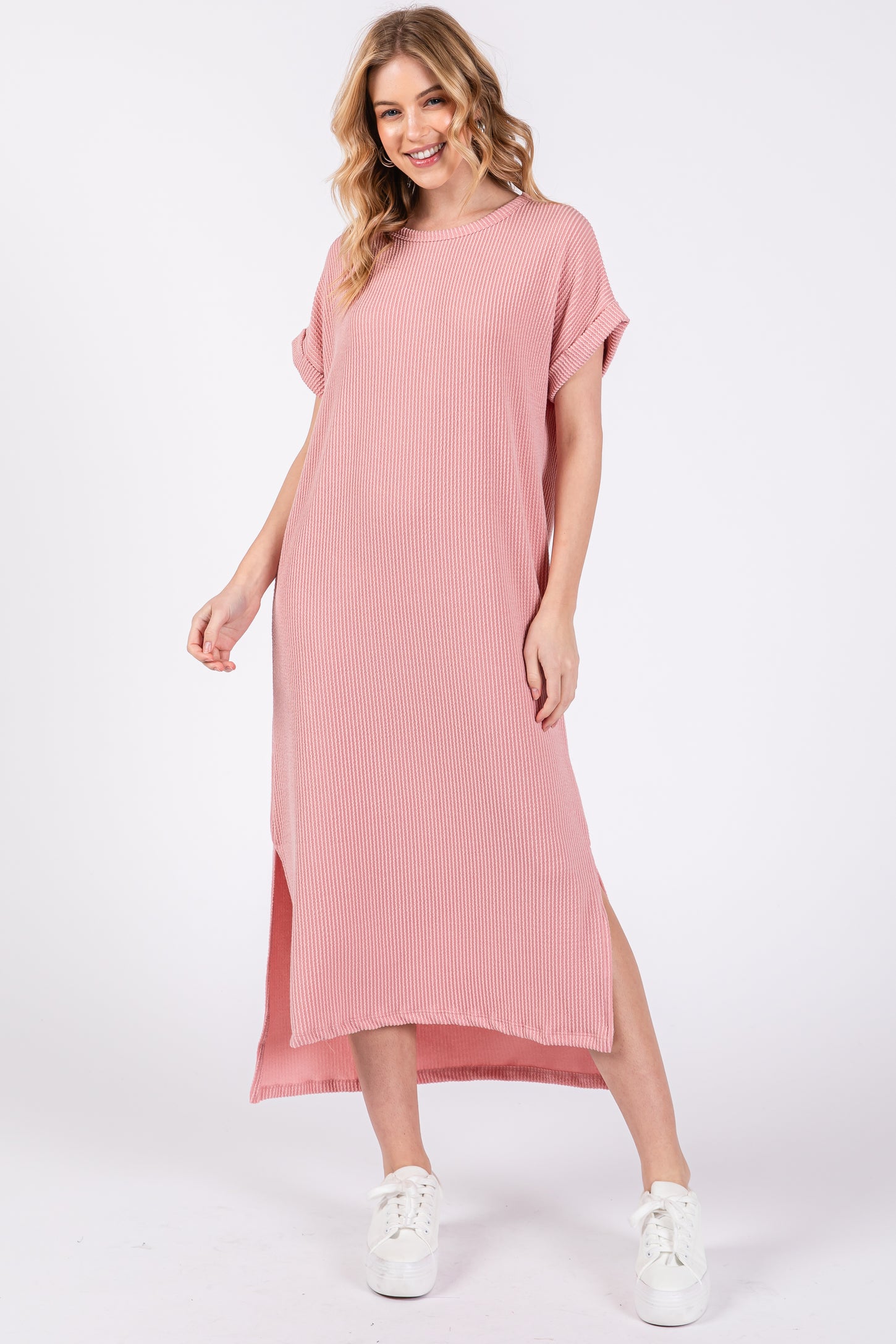 Light Pink Ribbed Short Sleeve Maternity Midi Dress