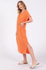 Orange Ribbed Short Sleeve Midi Dress