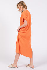 Orange Ribbed Short Sleeve Midi Dress