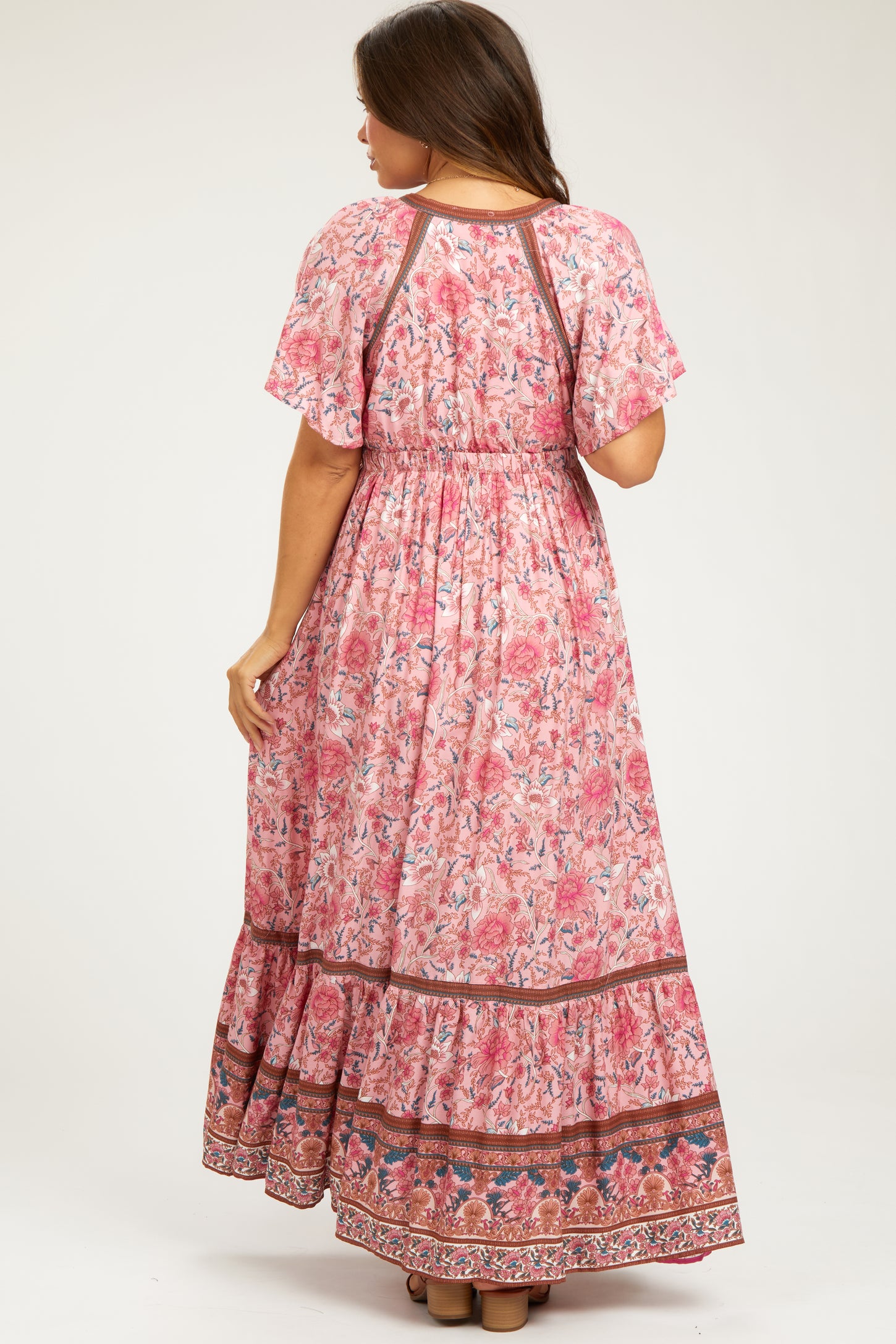 Pink Floral Flounce Sleeve Maternity Maxi Dress