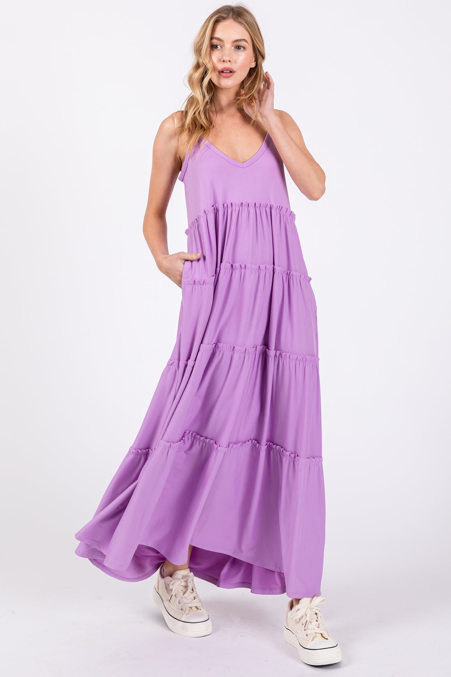 Light Purple Tiered Sleeveless Maternity Maxi Dress