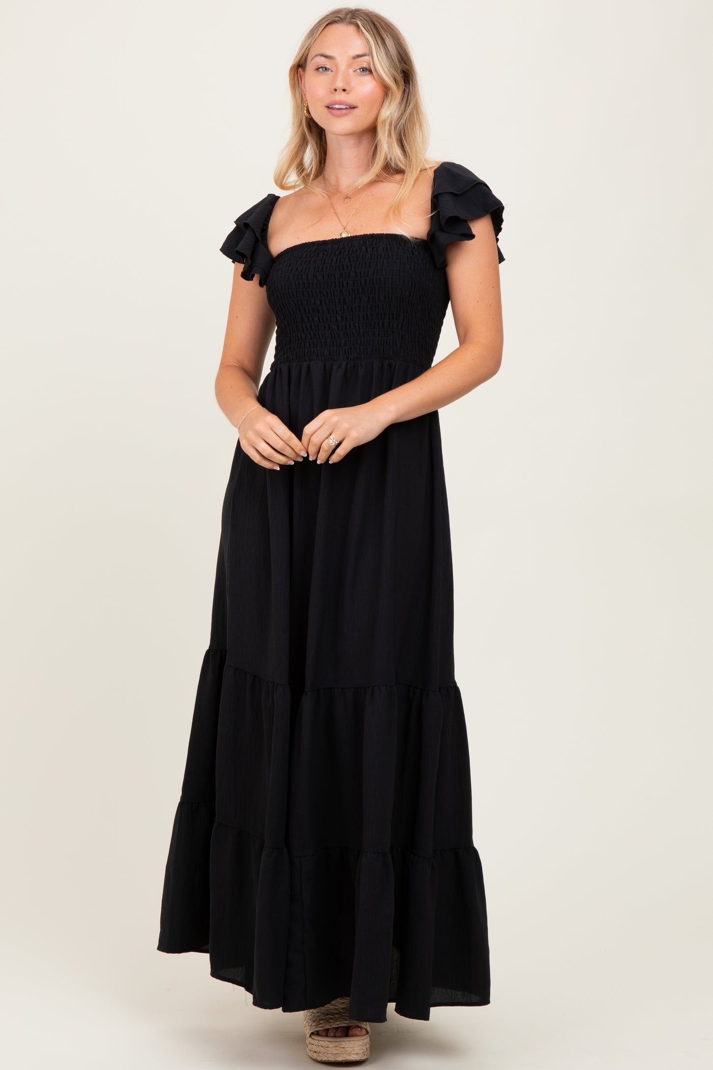 Black Smocked Ruffle Off Shoulder Tiered Maternity Maxi Dress