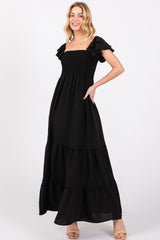 Black Smocked Ruffle Off Shoulder Tiered Maxi Dress