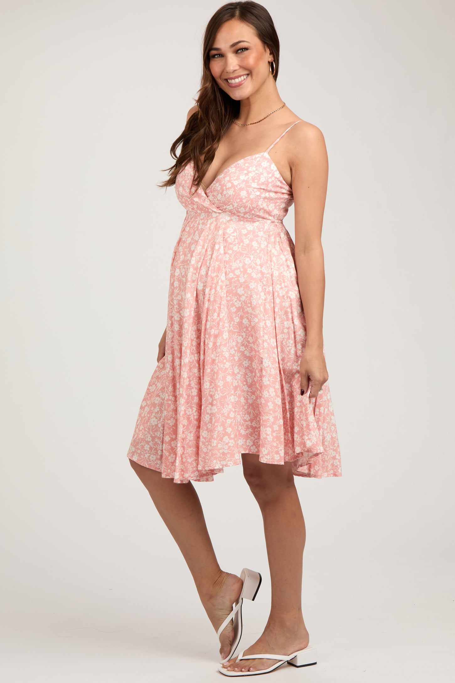 Peach Floral Sleeveless V-Neck Maternity Dress