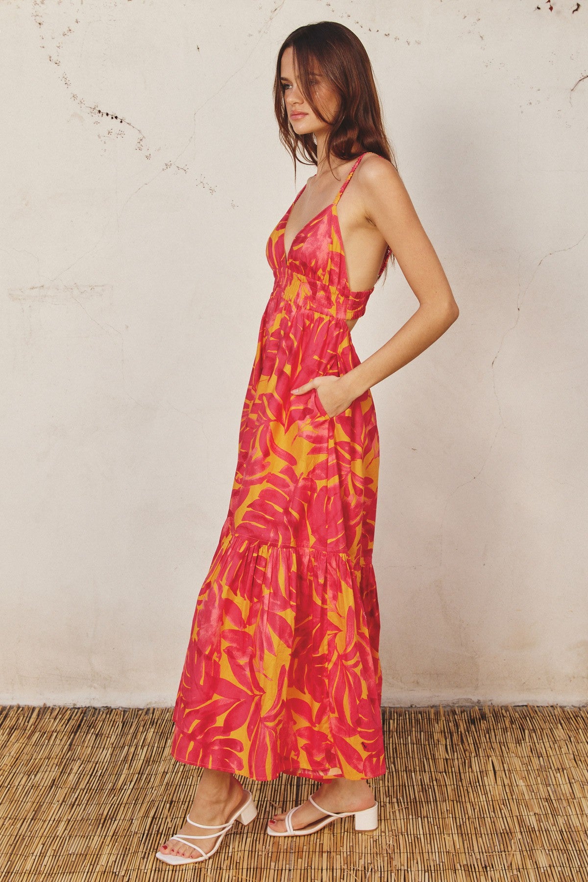 Coral Leaf Print Open Back Midi Dress