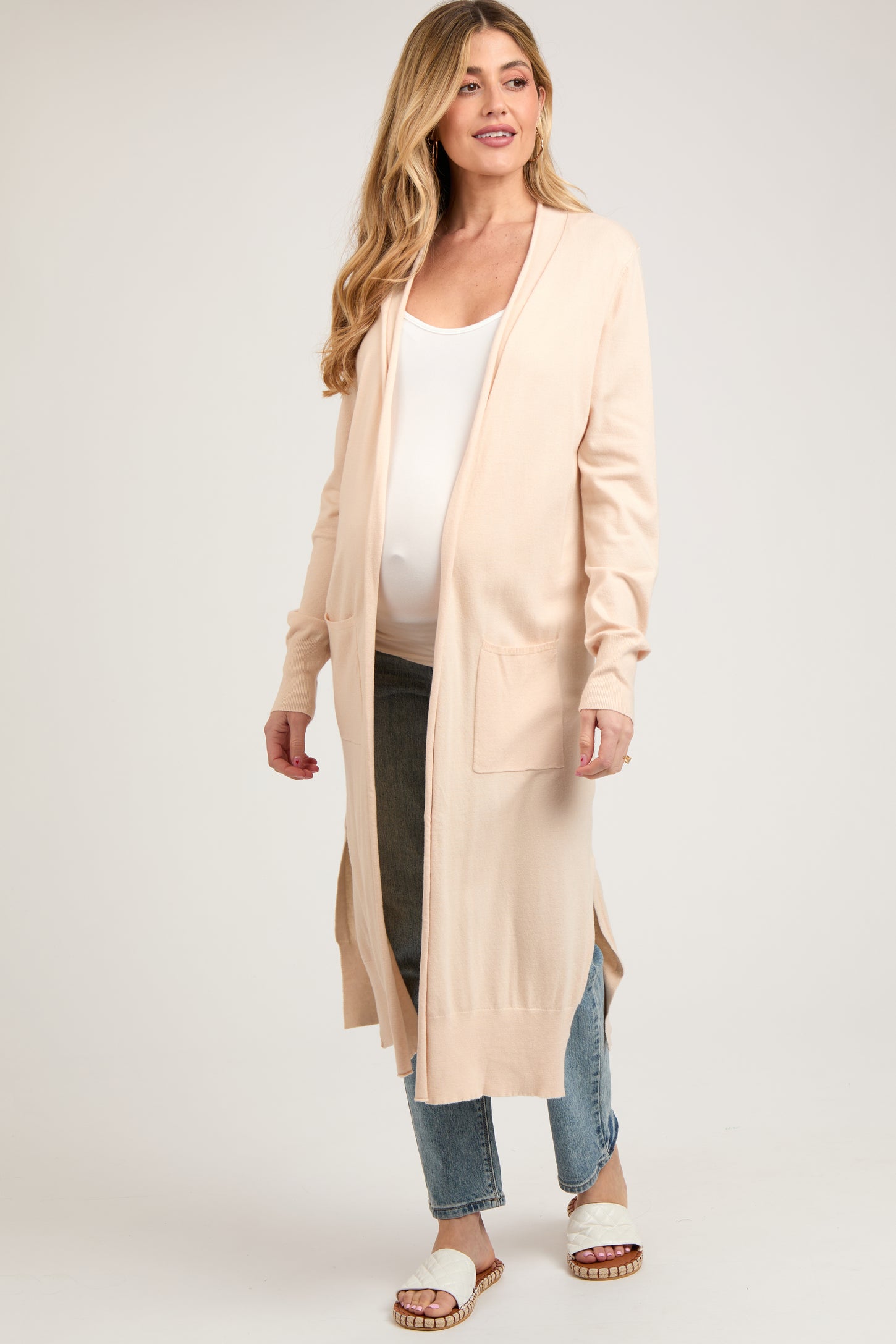 Cream Long Maternity Cardigan