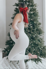 Beige V-Neck Seamless Ribbed Fitted Maternity Jumpsuit