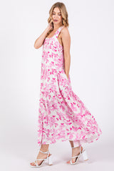 Pink Floral Sleeveless Tiered Maxi Dress