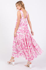 Pink Floral Sleeveless Tiered Maxi Dress