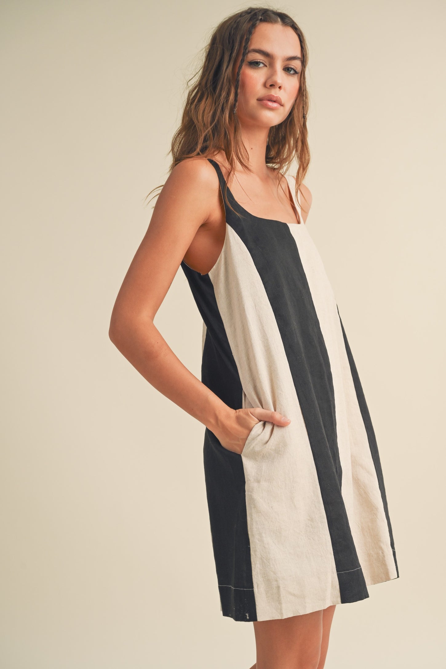 Black Color Block Linen Sleeveless Dress