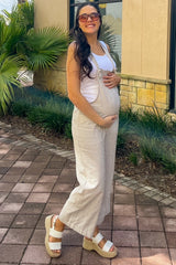 Taupe Striped Linen Maternity Overalls