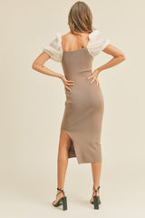 Mocha Rib Knit Contrast Puff Sleeve Midi Dress