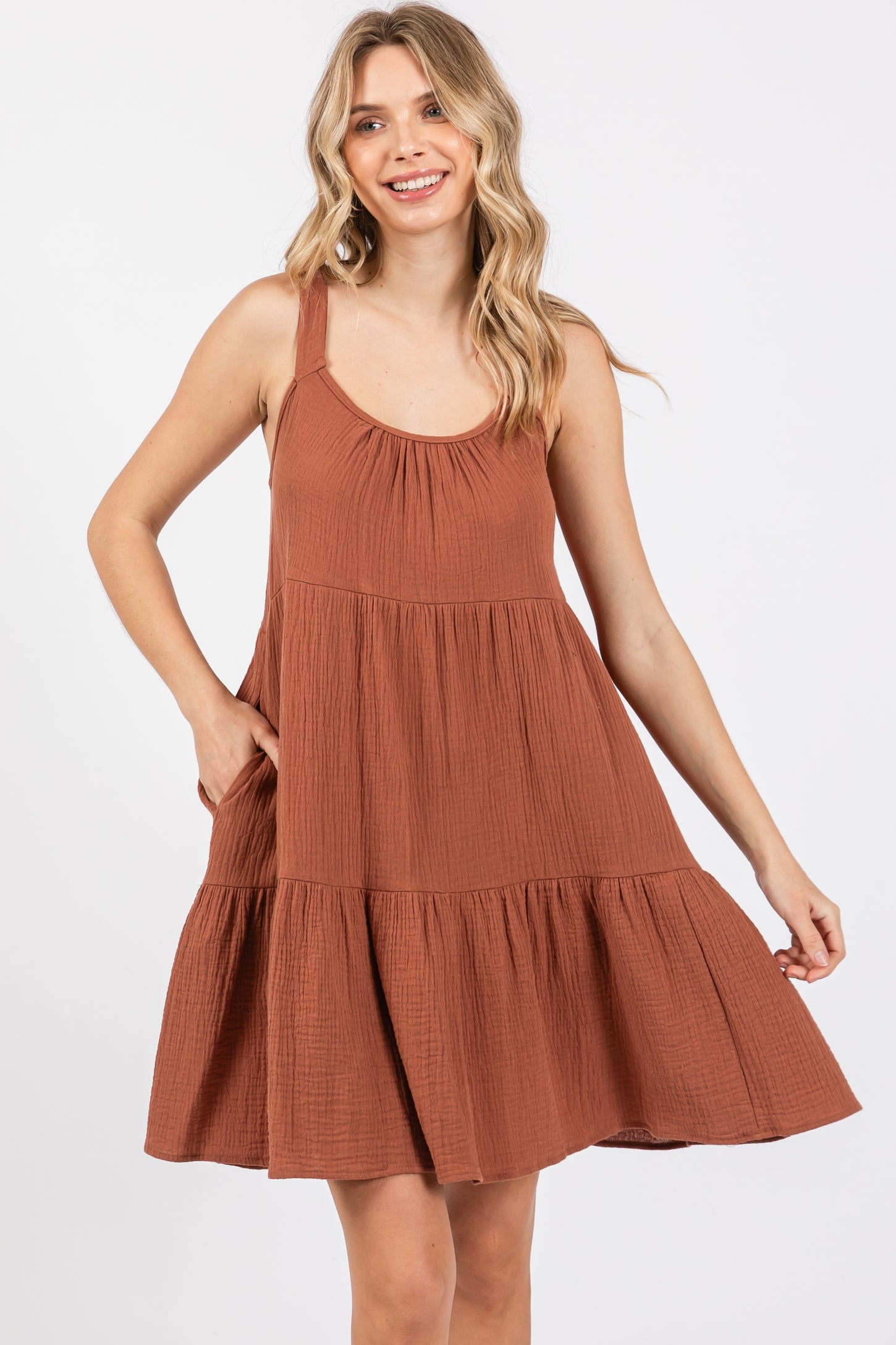 Mocha Sleeveless Tiered Ruffle Hem Maternity Dress