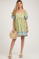 Light Green Floral Puff Sleeve Maternity Dress