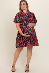 Black Floral Chiffon Mock Neck Tiered Maternity Plus Dress
