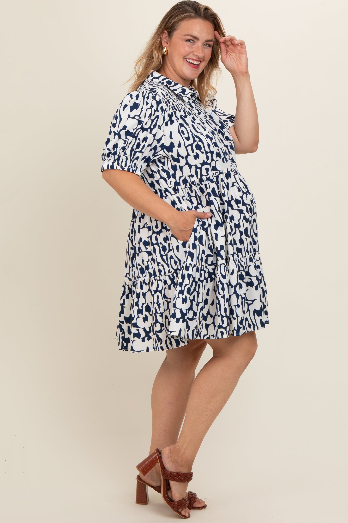Navy Printed Collared Tiered Maternity Plus Dress