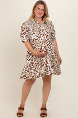 Camel Printed Collared Tiered Maternity Plus Dress