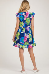 Navy Blue Floral Ruffle Shoulder Maternity Dress