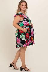 Black Floral Ruffle Accent Maternity Plus Dress