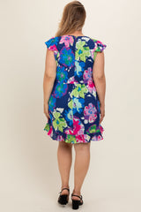 Navy Blue Floral Ruffle Accent Maternity Plus Dress