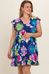 Navy Blue Floral Ruffle Accent Maternity Plus Dress