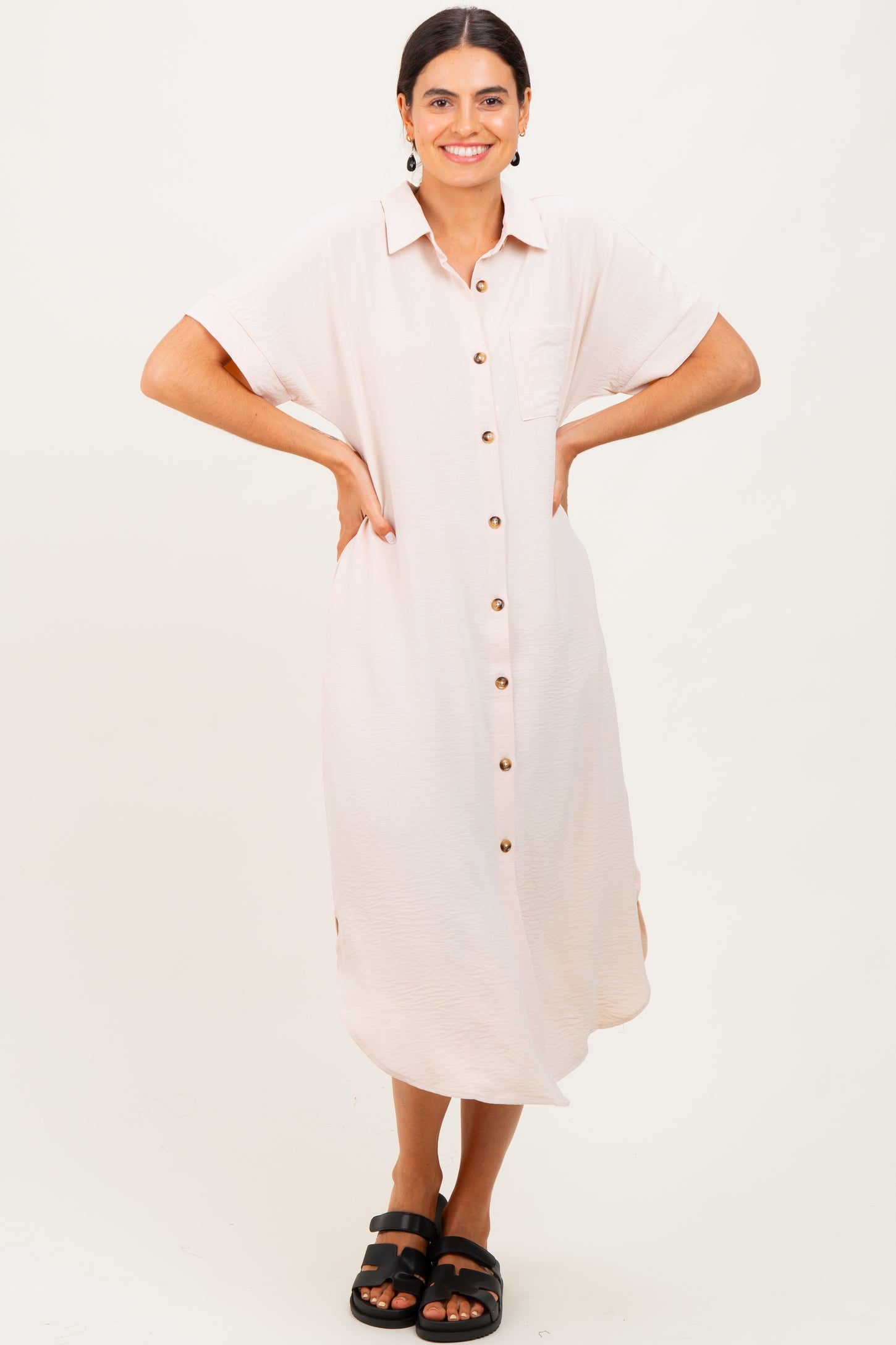 Beige Button Down Front Pocket Midi Dress