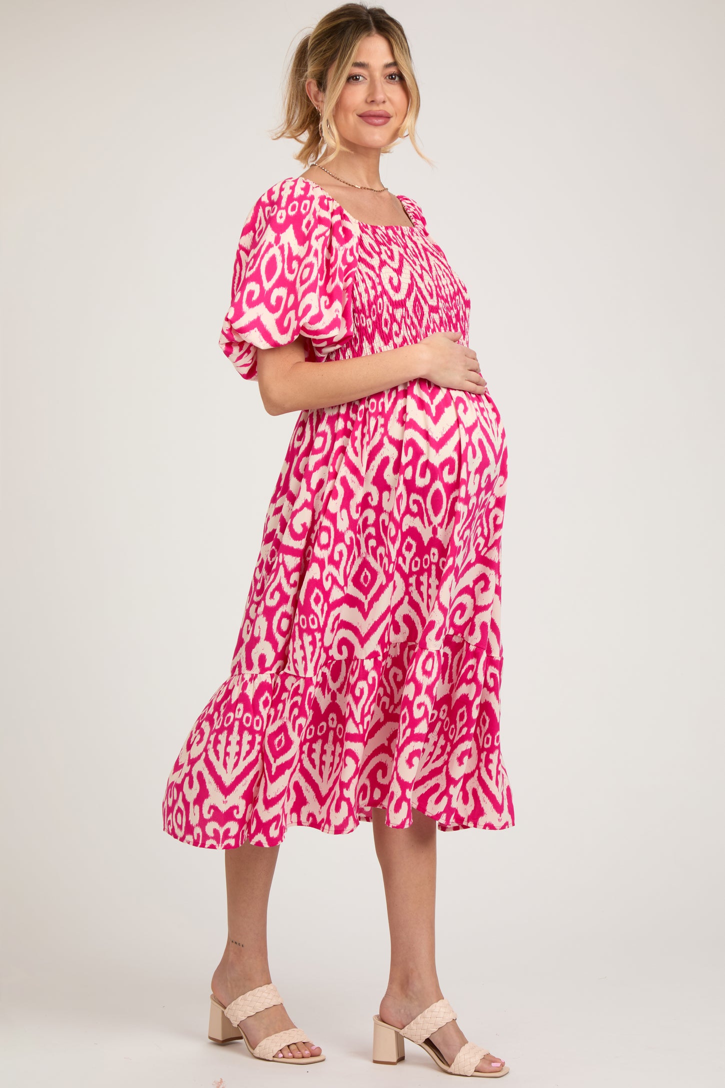 Fuchsia Square Neck Smocked Ruffle Maternity Midi Dress