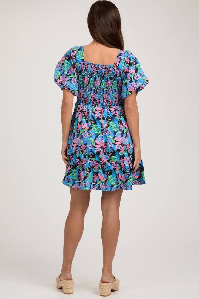 Blue Multi-Color Tropical Print Ruffle Hem Maternity Dress