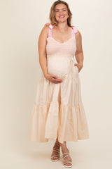 Cream Ribbon Strap Tiered Plus Maternity Maxi Dress