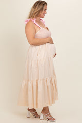 Cream Ribbon Strap Tiered Plus Maternity Maxi Dress