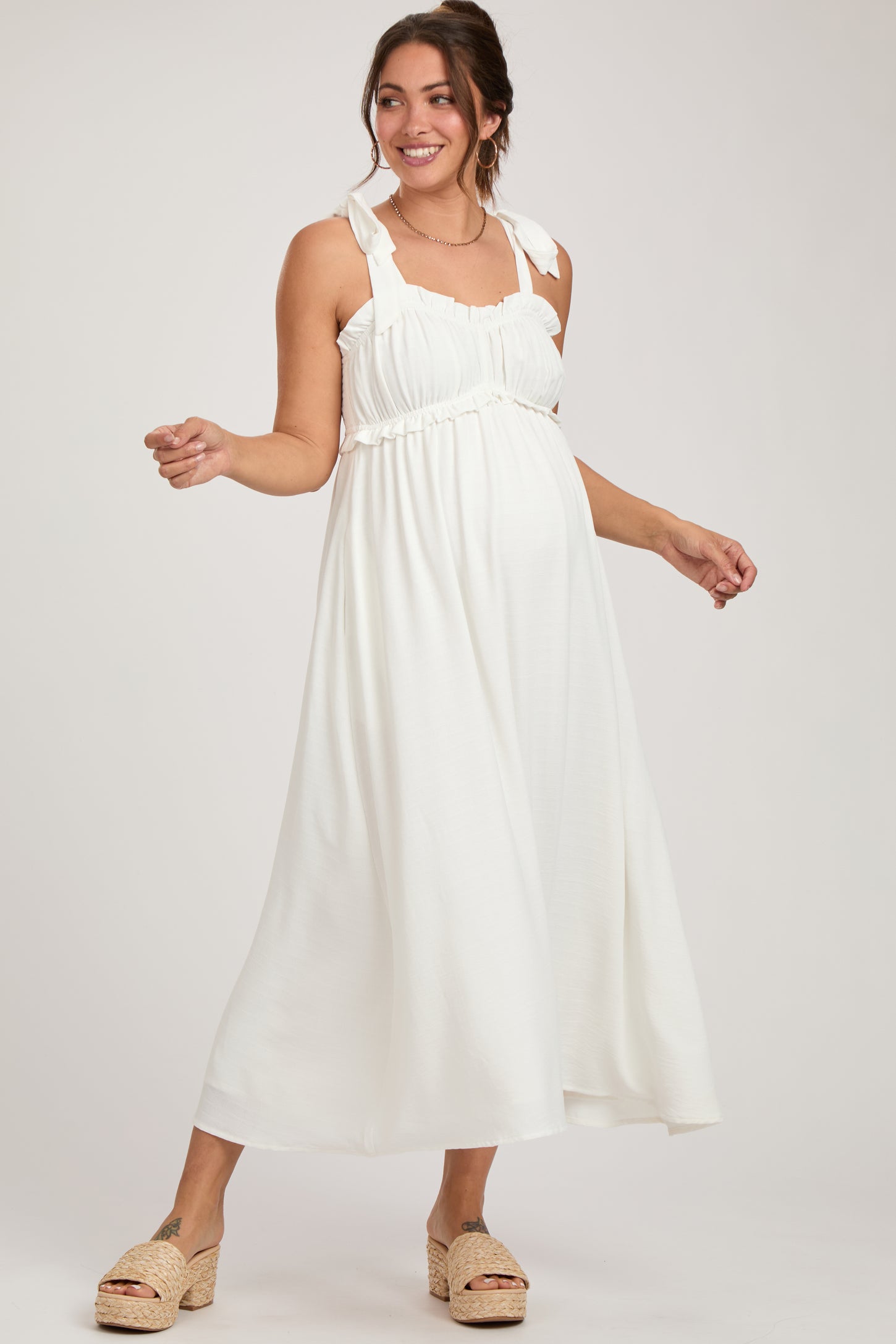 White Ruffle Accent Shoulder Tie Maternity Midi Dress