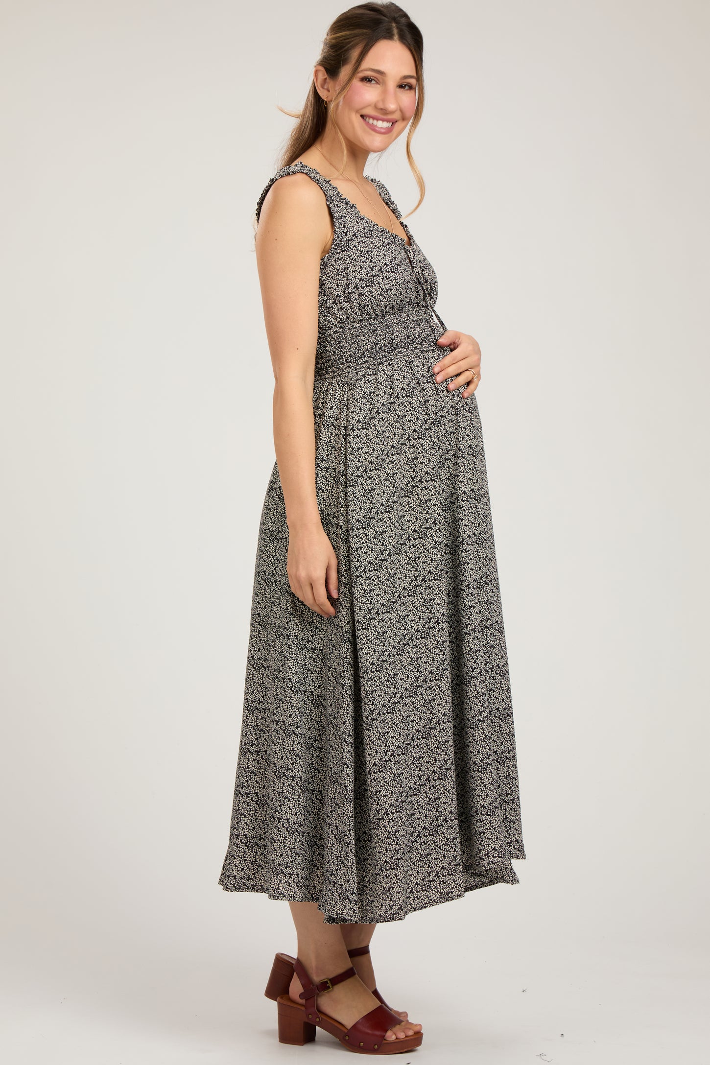Black Floral Sleeveless Smocked Waist Maternity Midi Dress