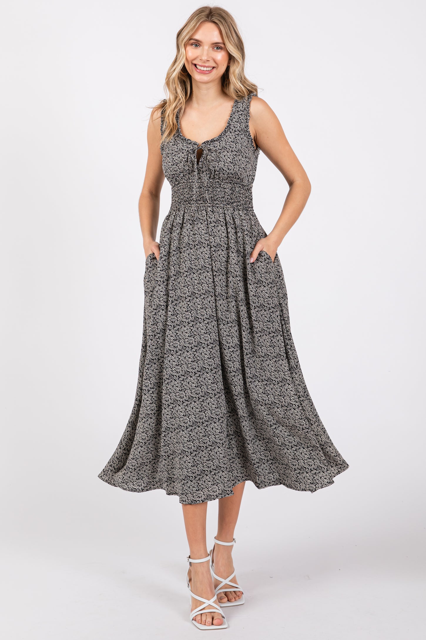 Black Floral Sleeveless Smocked Waist Maternity Midi Dress
