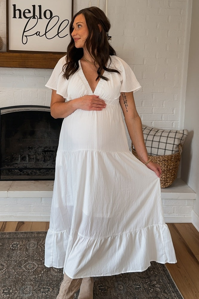 Ivory Deep V-Neck Flutter Sleeve Tiered Maternity Midi Dress