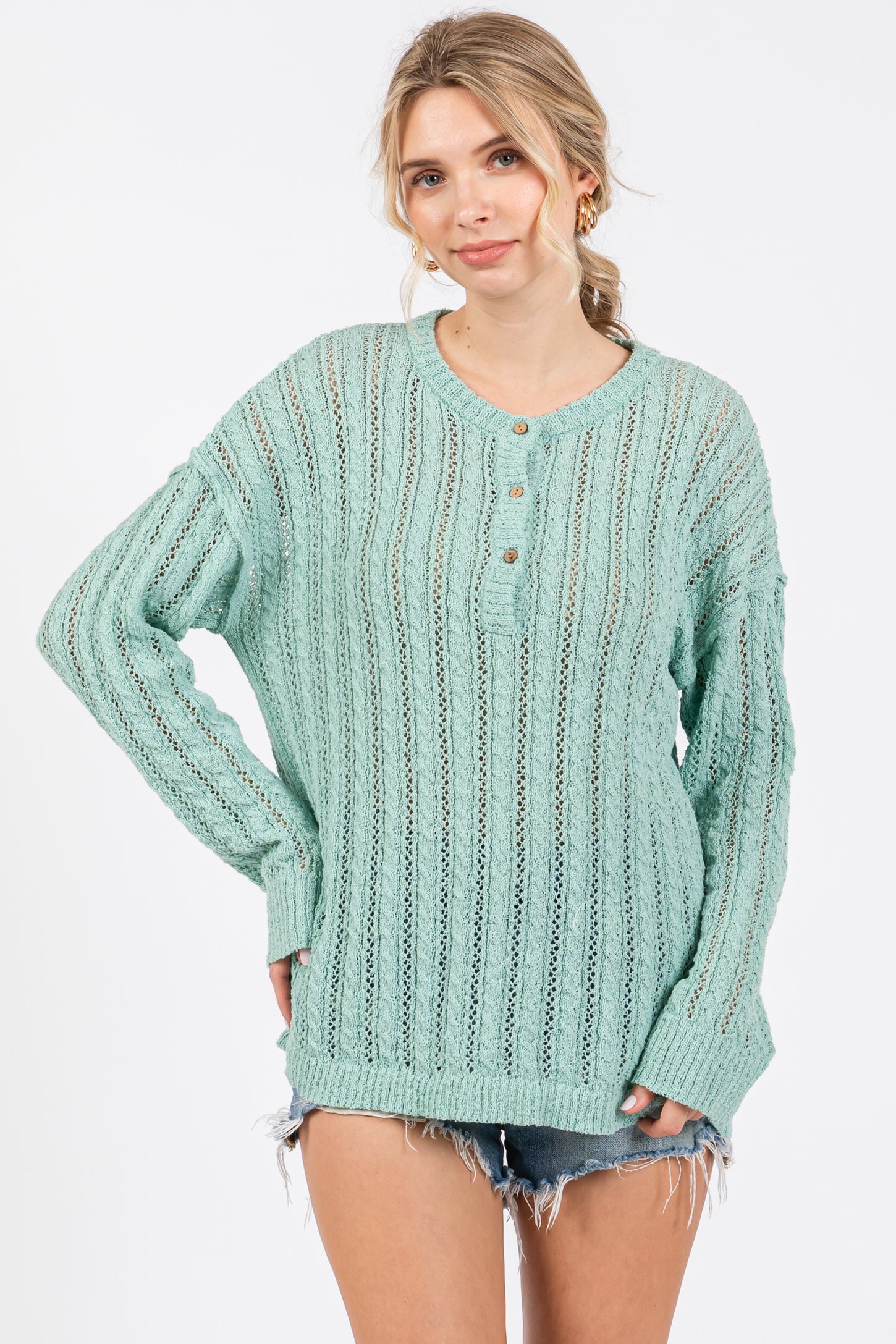 Mint Green Open Knit Front Button Sweater