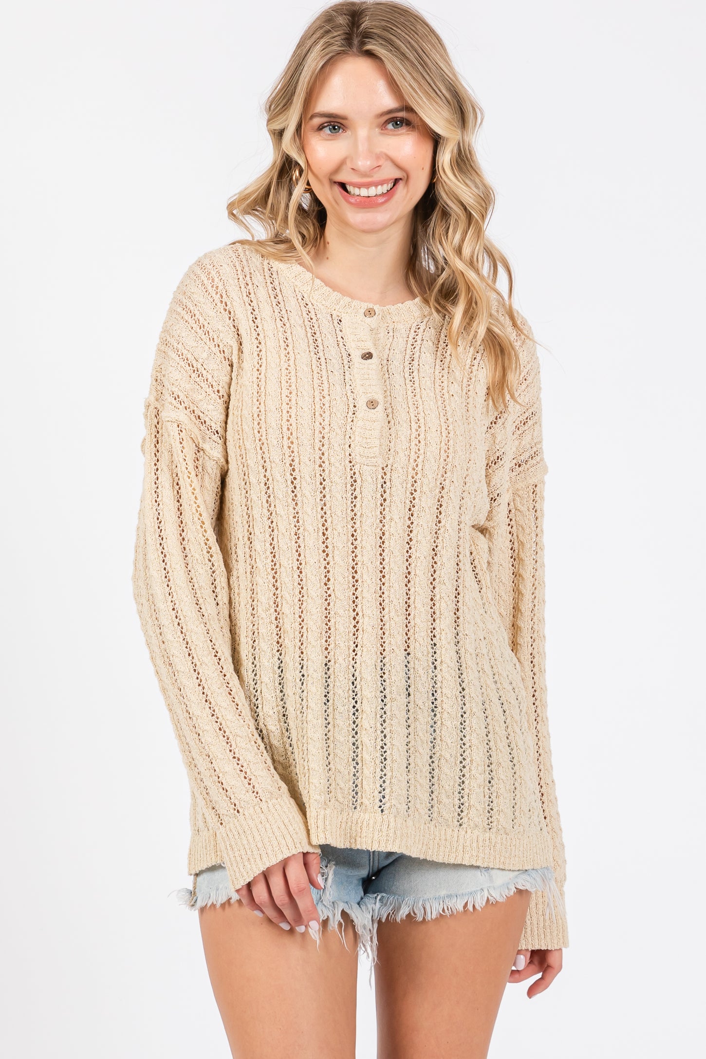 Cream Open Knit Front Button Maternity Sweater