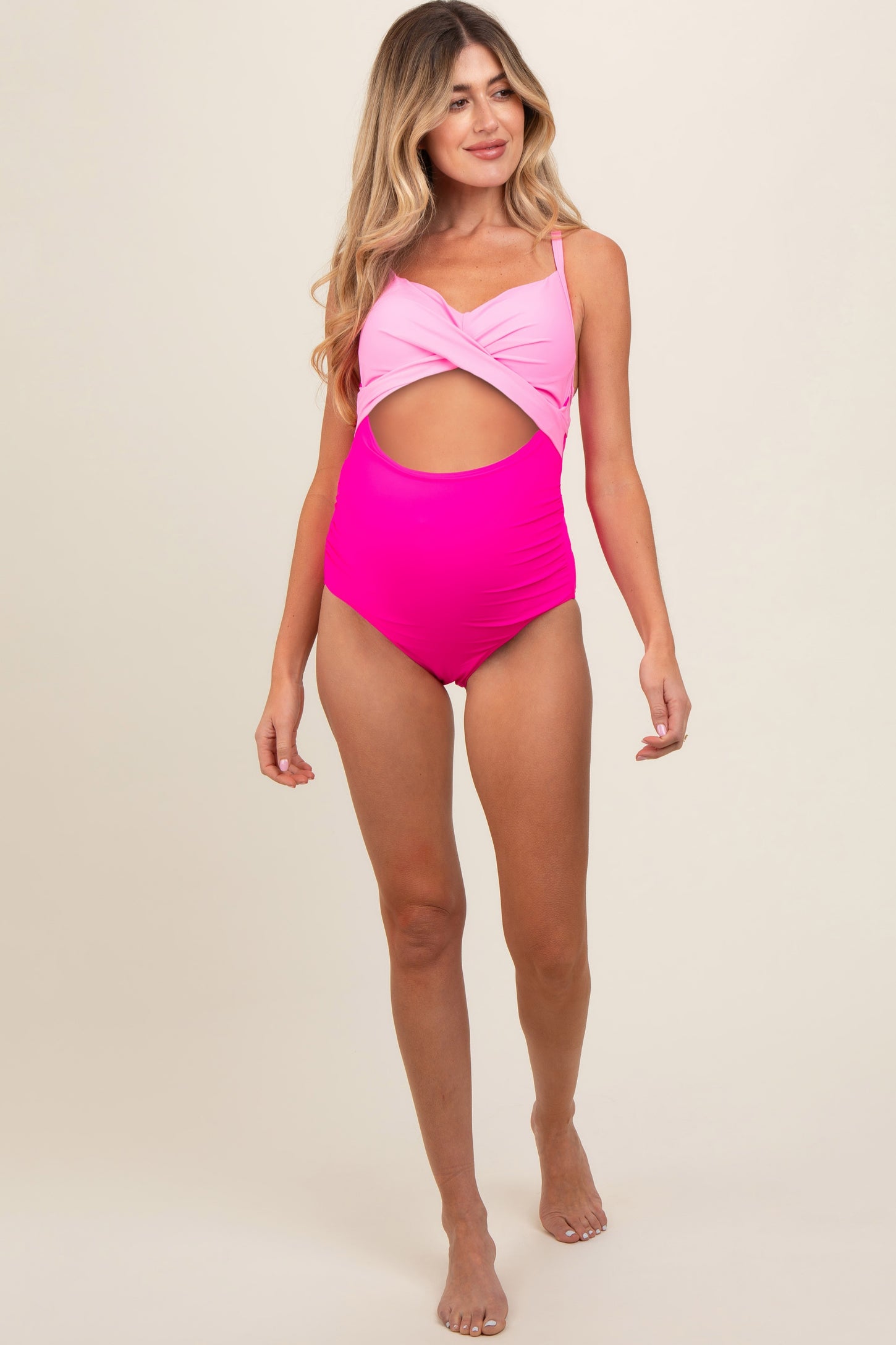 Pink Color Block Wrap Front Cutout Maternity One Piece Swimsuit