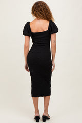 Black Textured Square Neck Puff Sleeve Midi Dress