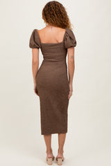 Brown Popcorn Textured Short Puff Sleeve Midi Dress