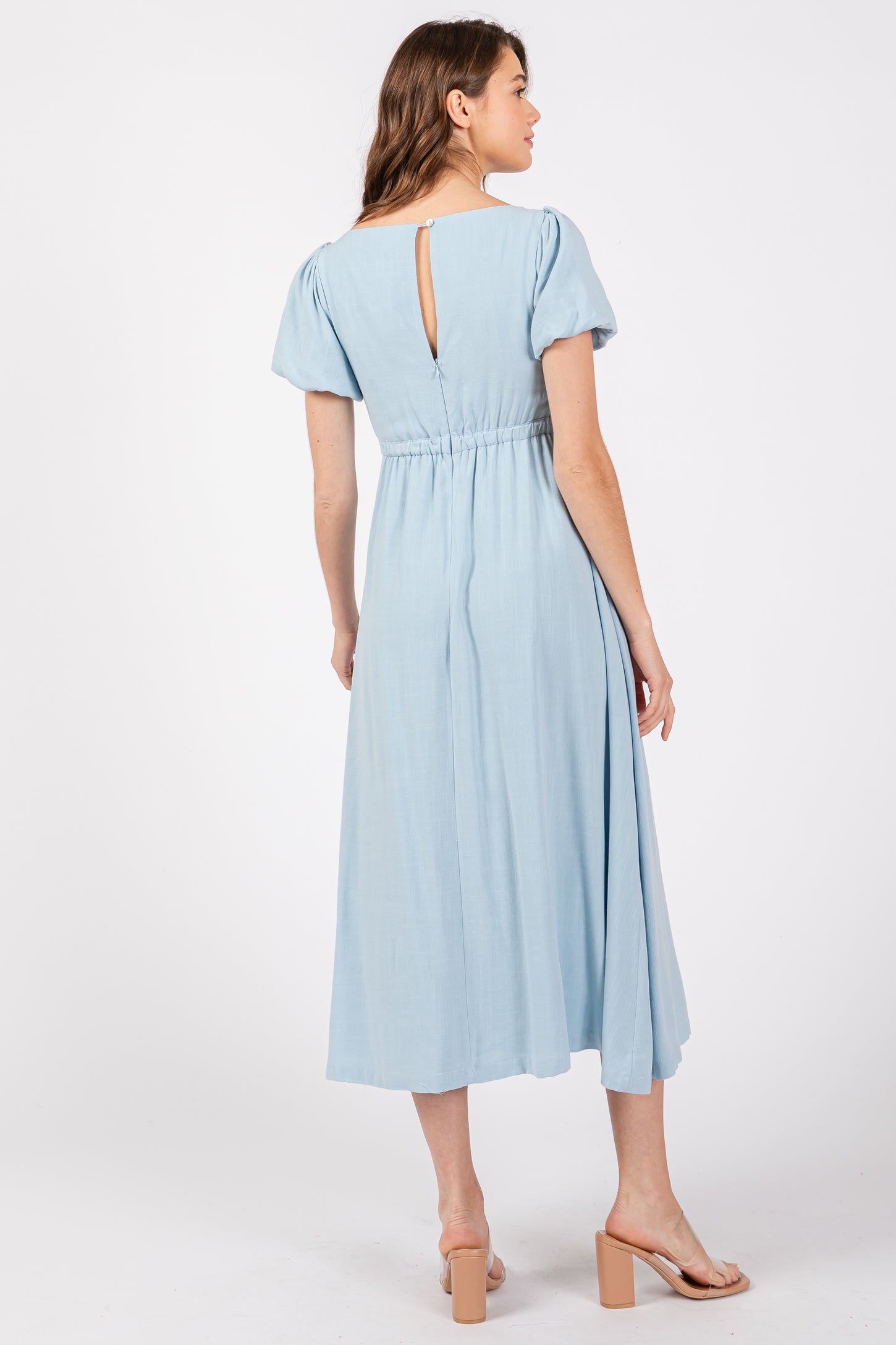Light Blue Puff Sleeve Linen Midi Dress