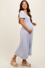 Lavender Puff Sleeve Linen Maternity Midi Dress