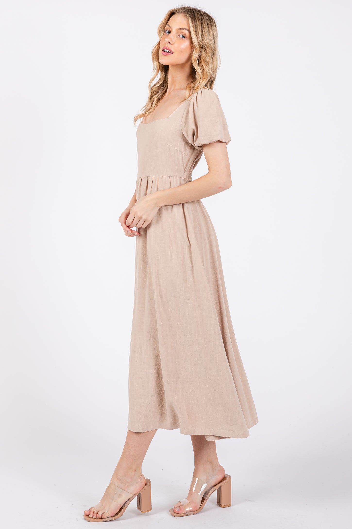 Taupe Puff Sleeve Linen Midi Dress