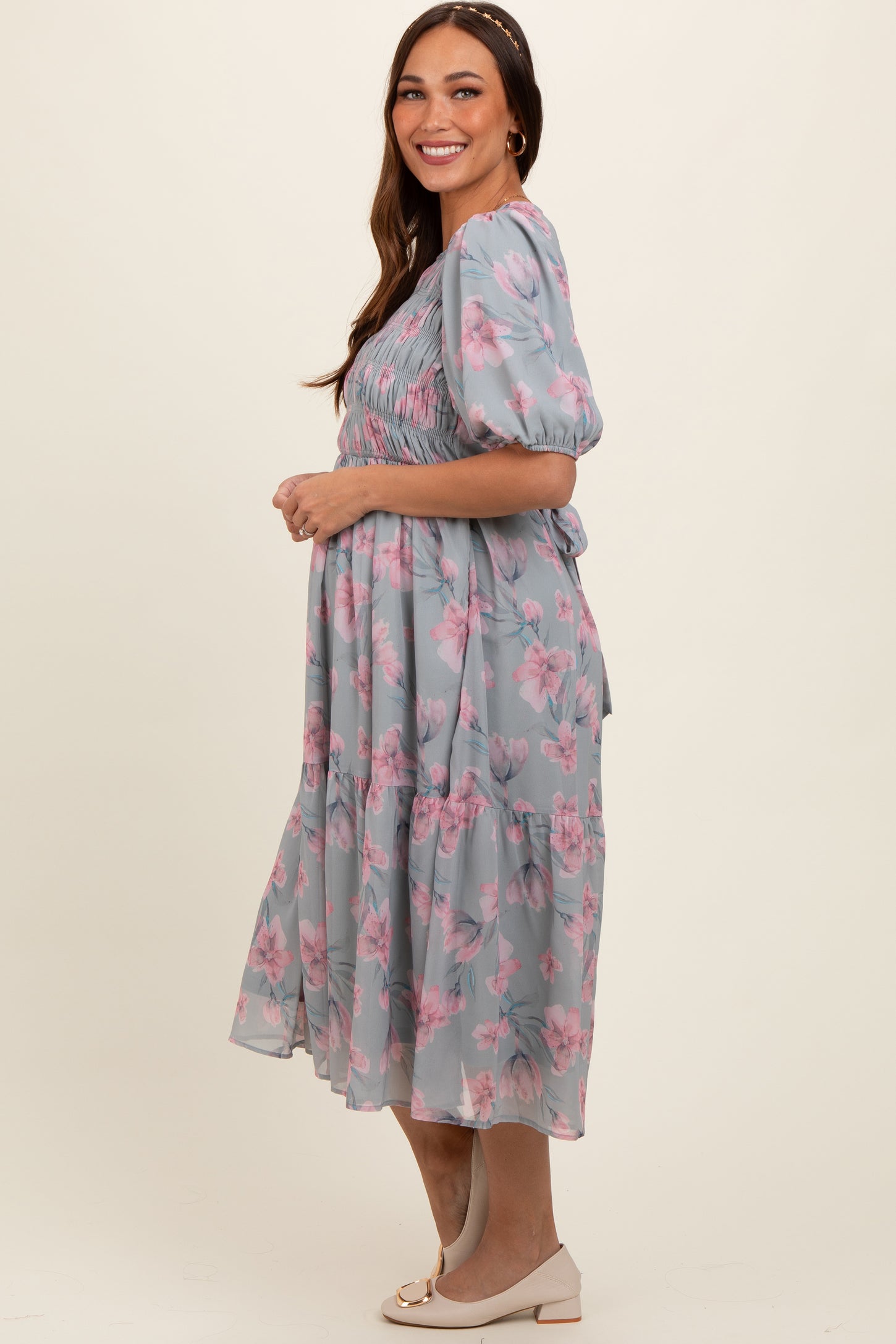 Grey Floral Smocked Ruffle Hem Maternity Midi Dress