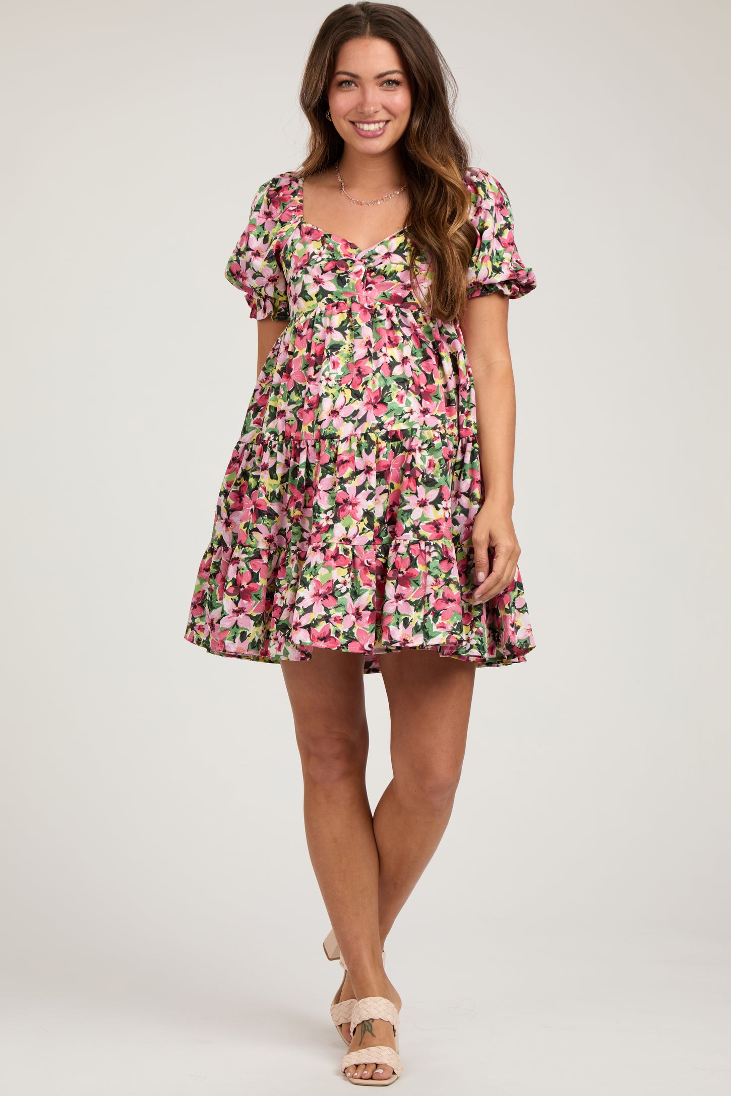 Red Multi-Color Floral Puff Sleeve Ruffle Hem Maternity Dress