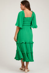 Green Smocked Ruffle Tiered Maternity Midi Dress