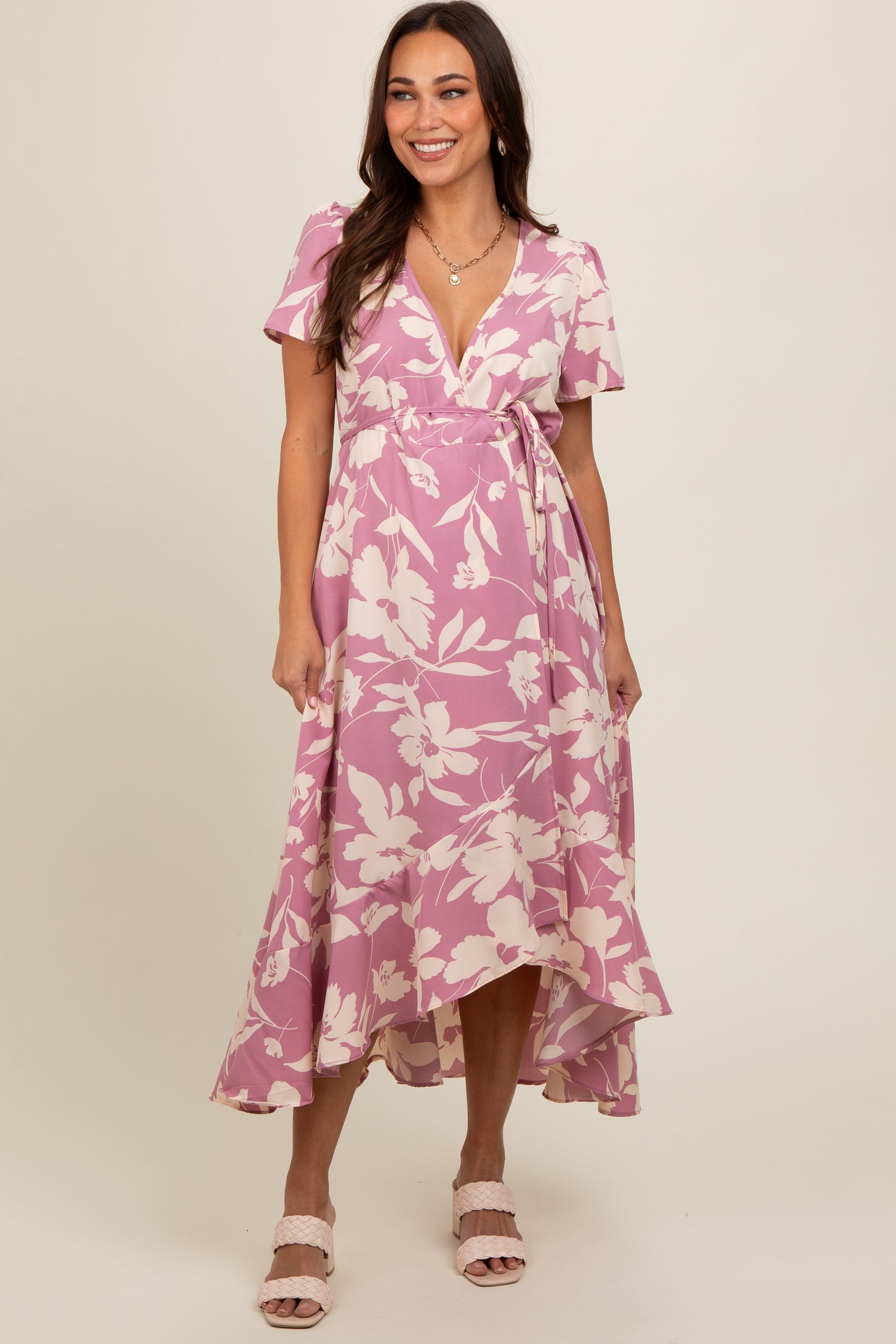 Pink Floral V Neck High Low Maternity Dress