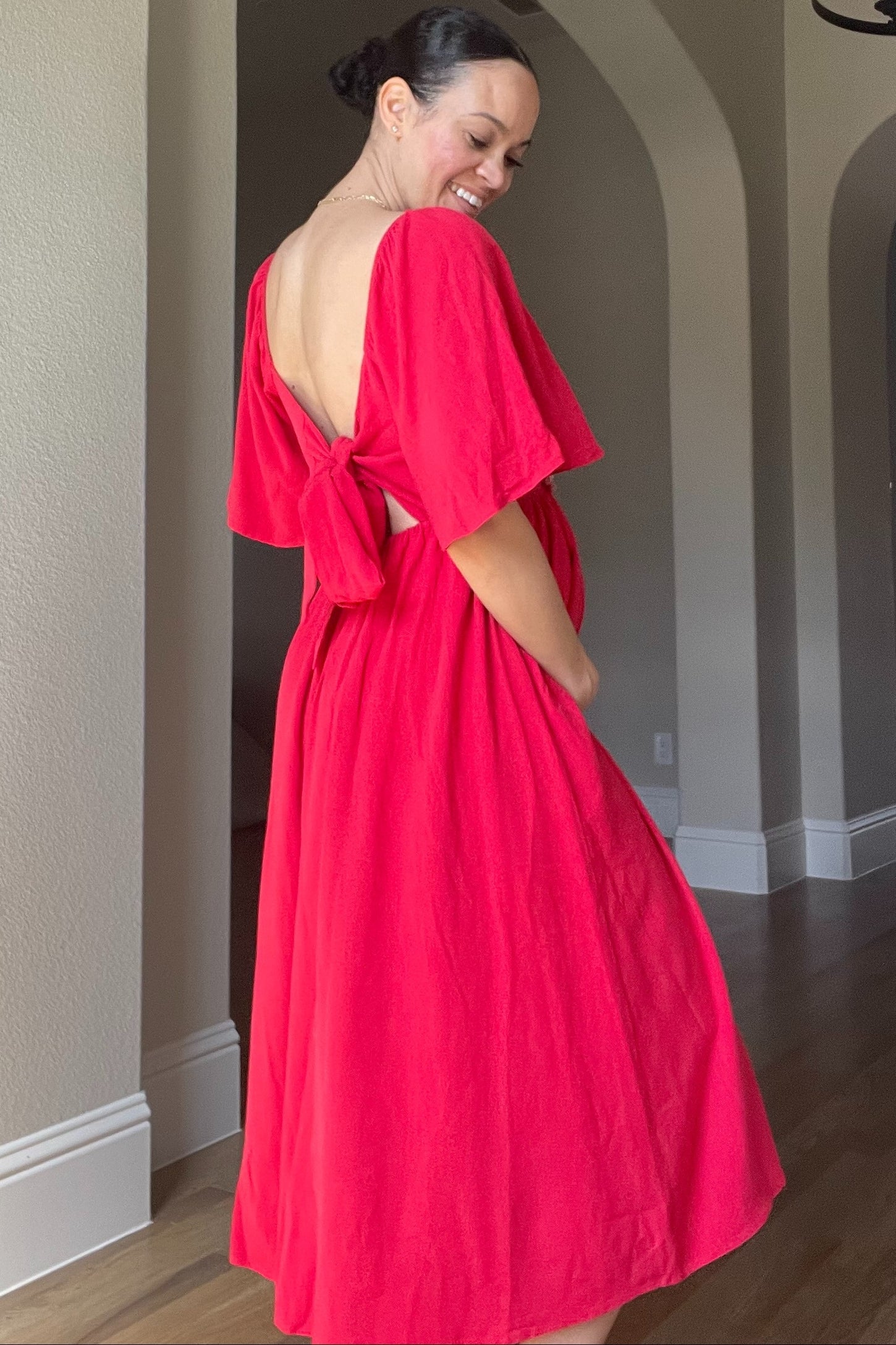 Red Flutter Short Sleeve Back Tie Cutout Maternity Midi Dress